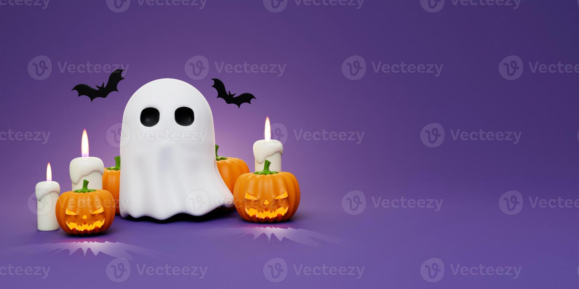 Happy Halloween Festive. Halloween white ghost cute smile face with pumpkins, candle and bat on purple background . 3d cartoon style. Holiday Hallows' Eve or Saints' Eve. copy space. 3d render. photo
