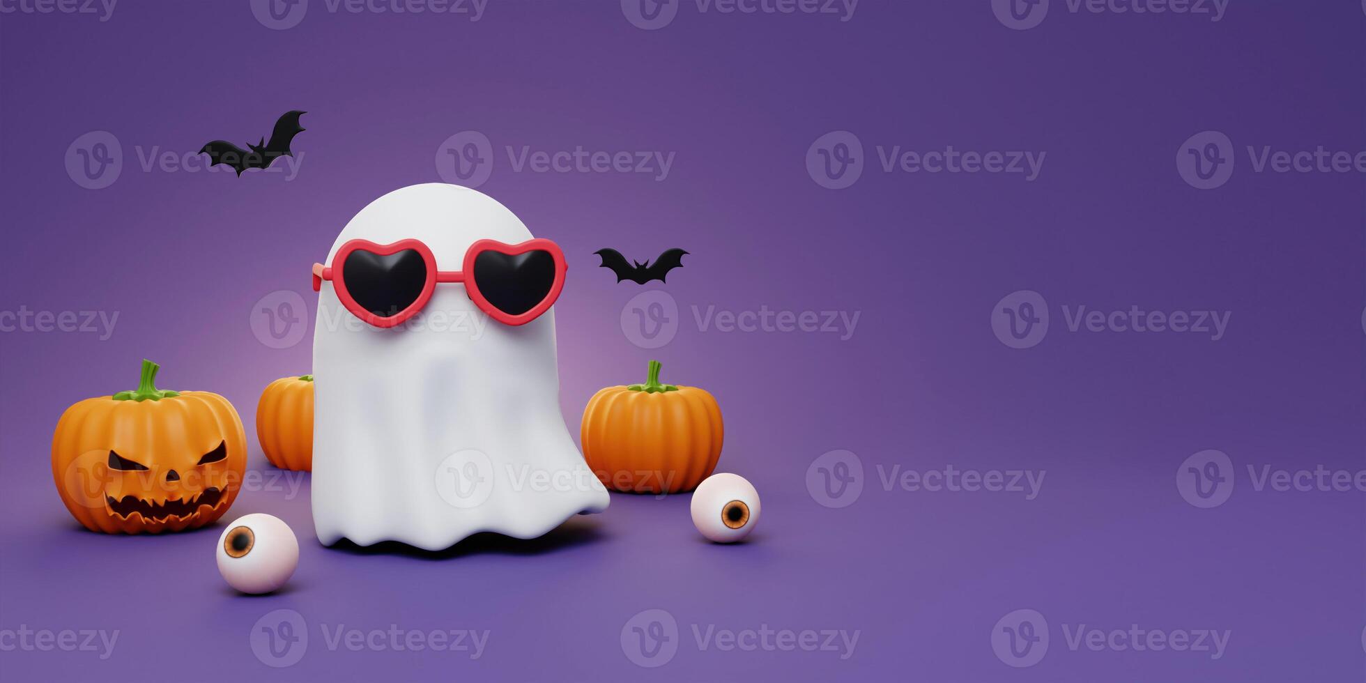 Happy Halloween Festive. Halloween white ghost cute smile face with pumpkins and bat on purple background . 3d cartoon style. Holiday Hallows' Eve or Saints' Eve. copy space. 3d render. photo
