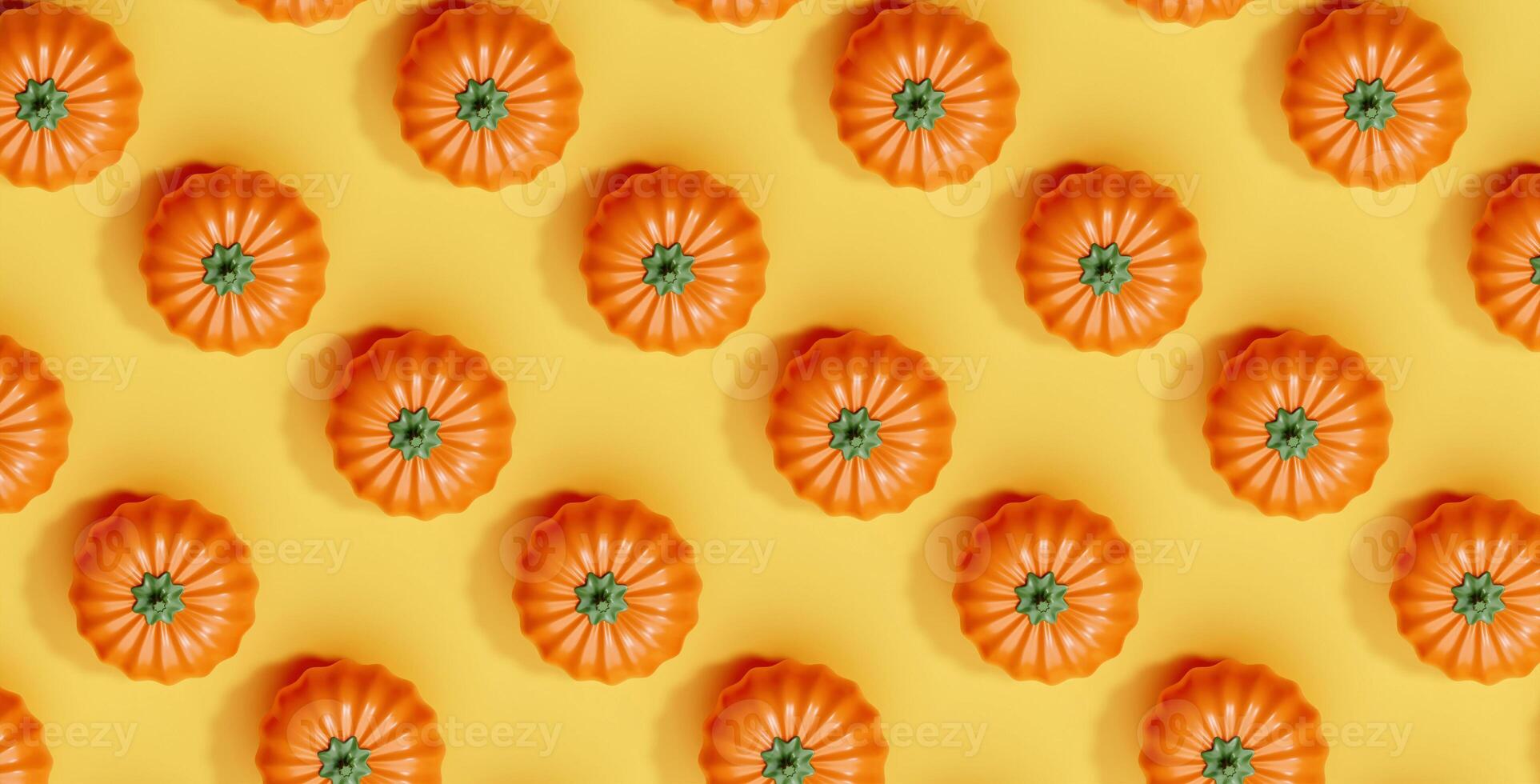 3d pumpkins pattern on yellow background for Halloween. Happy Halloween concept. Traditional October holiday. copy space. 3d render. photo