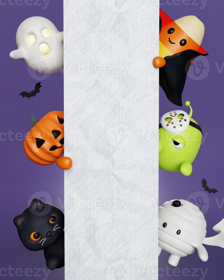 3d Halloween character with paper for text. Happy Halloween concept. Traditional october holiday. copy space. 3d render. photo