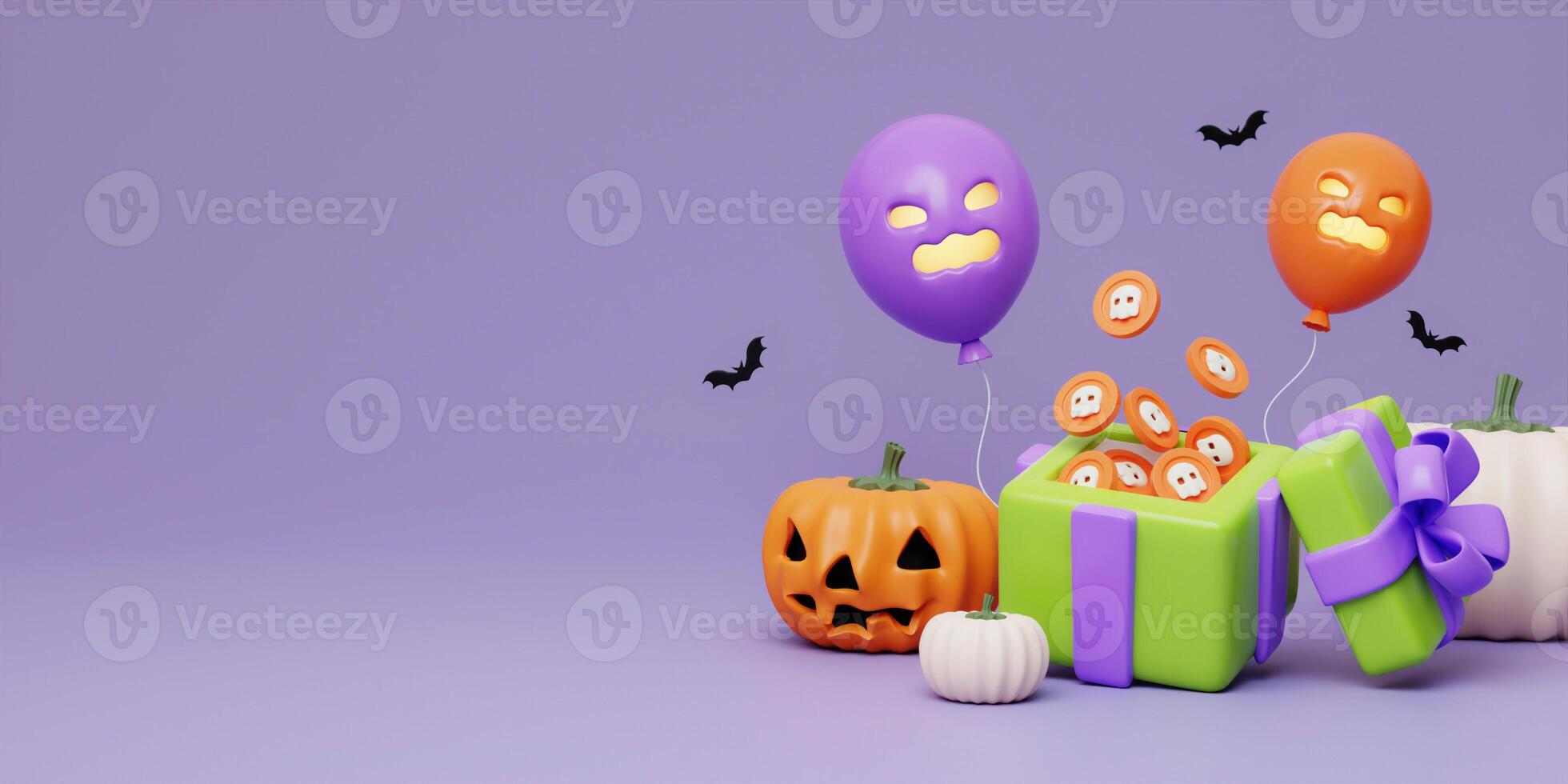 3d Halloween give box with coin, balloon, pumpkin and bat on purple background. Happy Halloween concept. Traditional october holiday. copy space. 3d render. photo