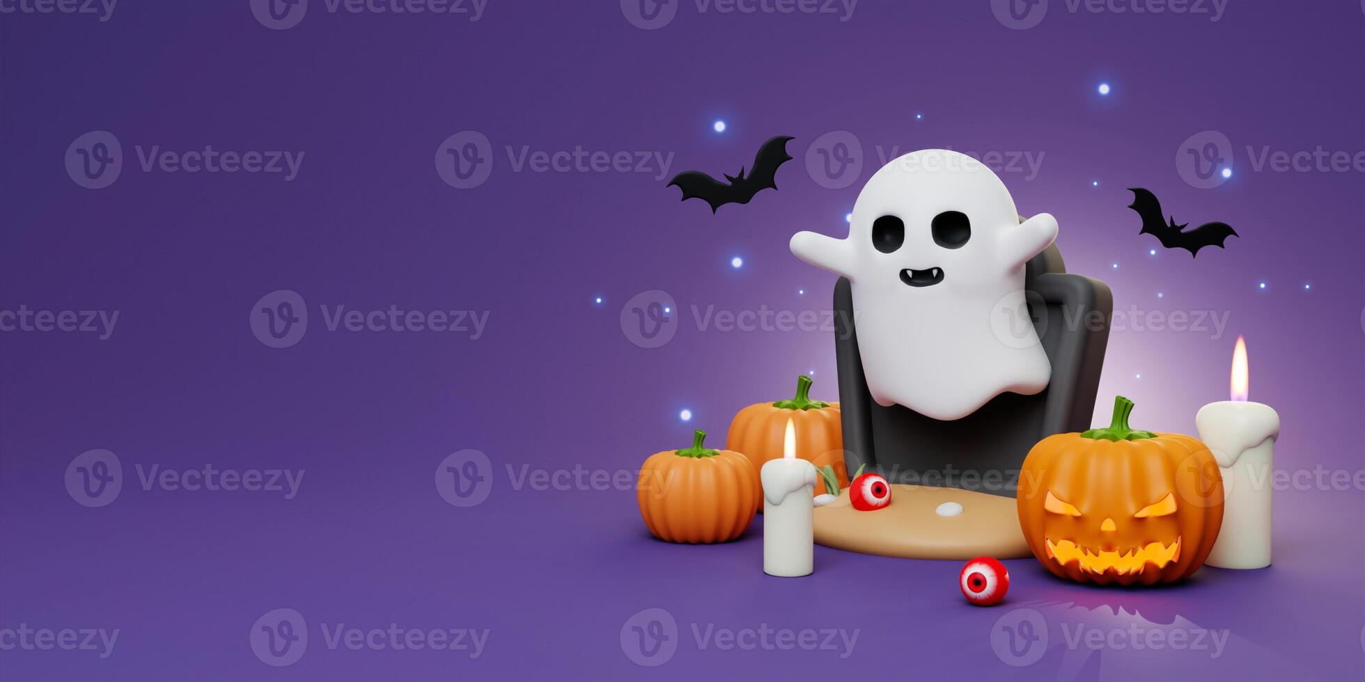 Happy Halloween Festive. Halloween white ghost cute smile face. 3d cartoon style. Holiday Hallows' Eve or Saints' Eve. copy space. 3d render. photo