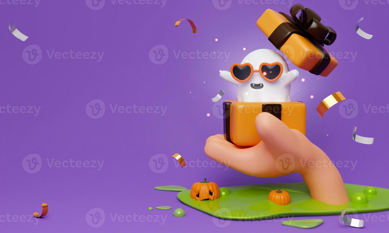 Happy Halloween Festiv. hand hold ghost emerges from a gift box with balloon and pumpkin on purple background. Holiday Hallows' Eve or Saints' Eve. copy space. 3d render. photo