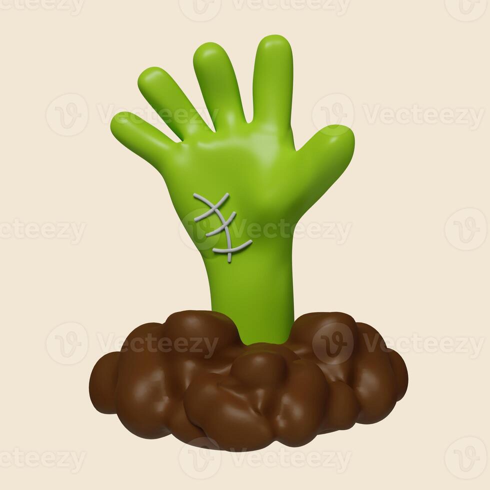 3d Halloween zombie hand icon. Traditional element of decor for Halloween. icon isolated on gray background. 3d rendering illustration. Clipping path. photo