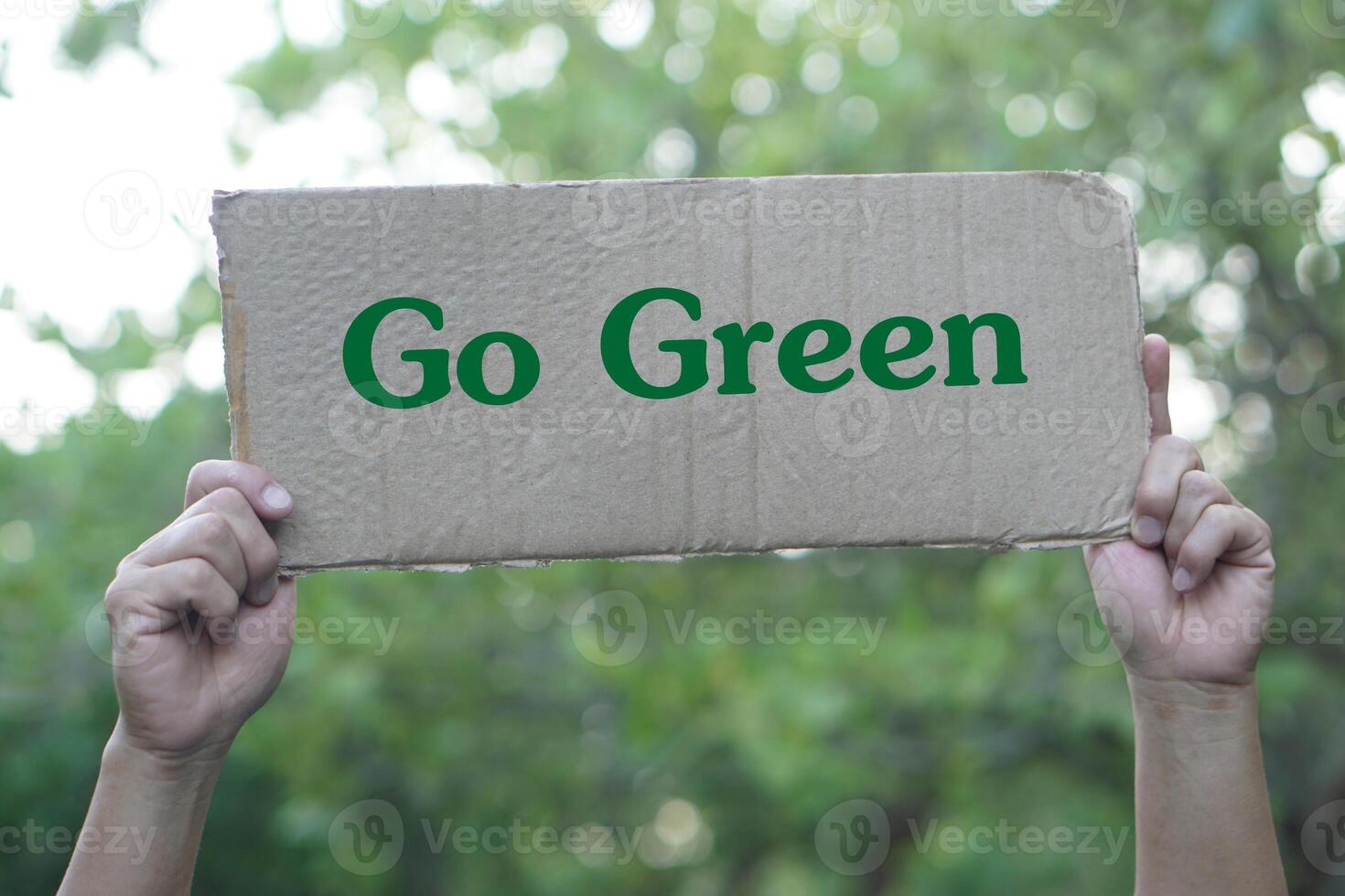 Hands hold paper card with text Go Green. Concept, environment conservation campaign. Campaign and motivate to do eco friendly activities for the earth. Protect nature. photo