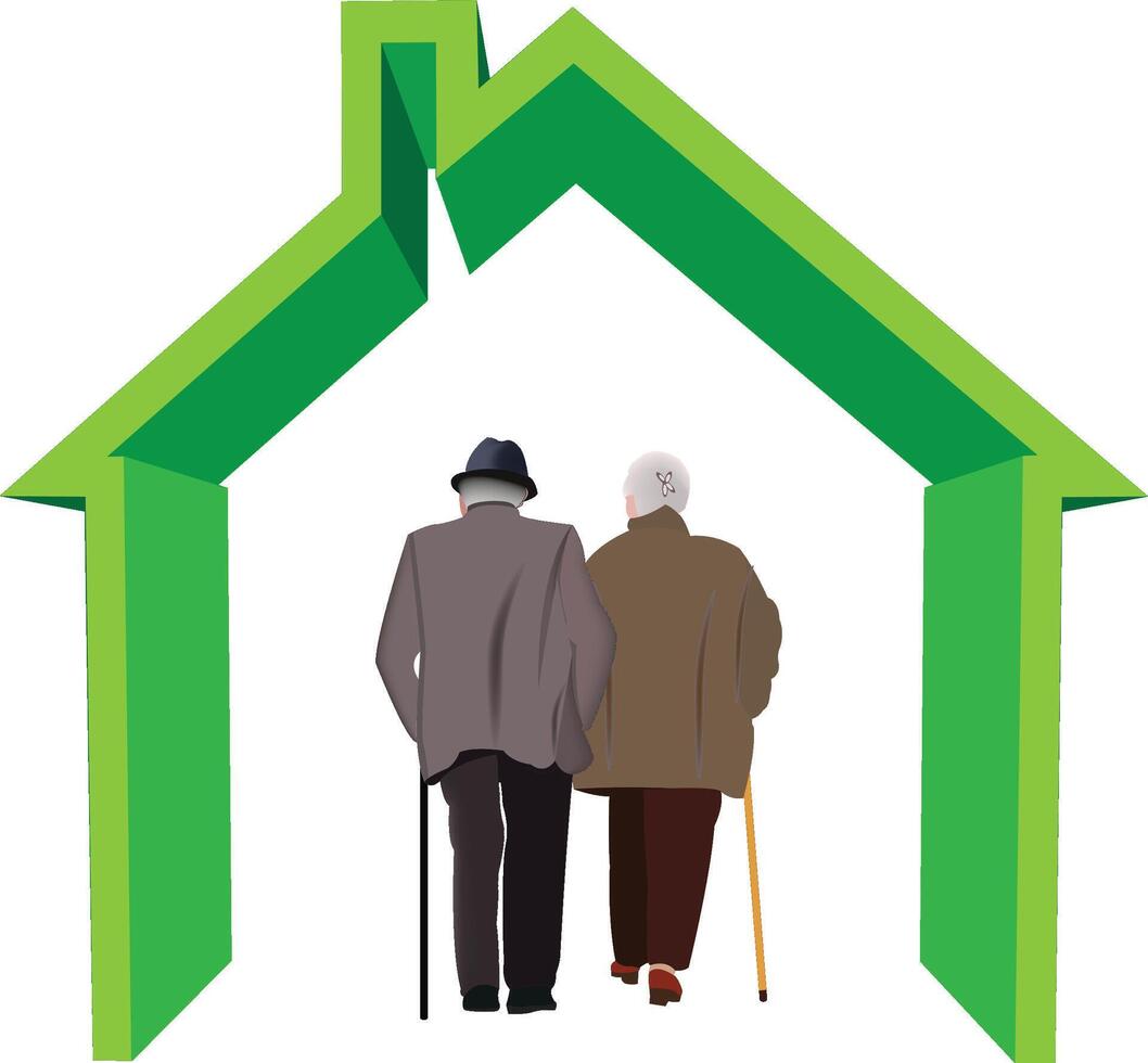 Elderly couple walking towards green house symbol vector