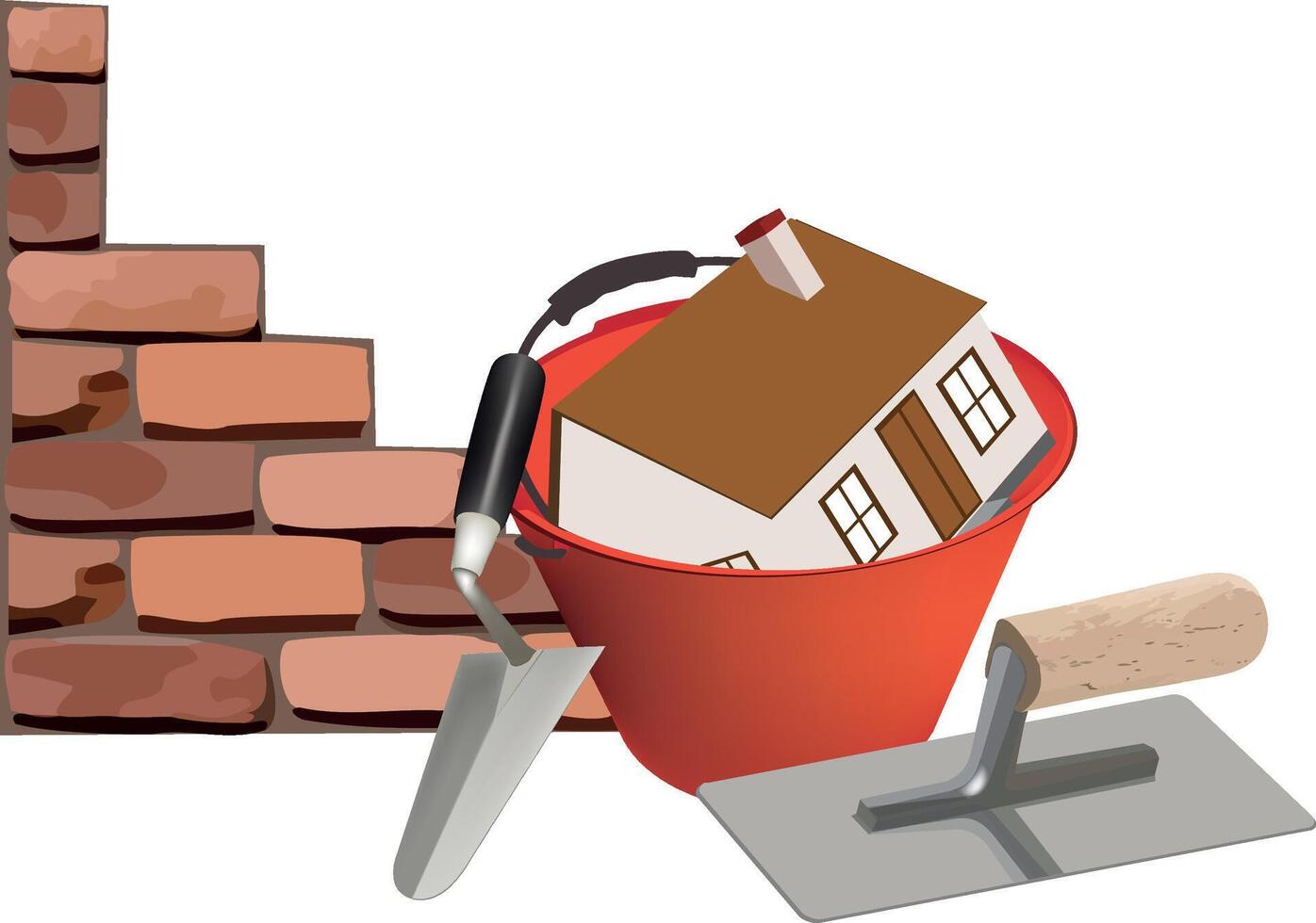 Construction concept showing trowel, bucket and brick wall vector