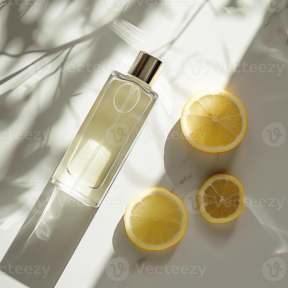 Top view a glass set bottles of skincare essence and slices lemon photo