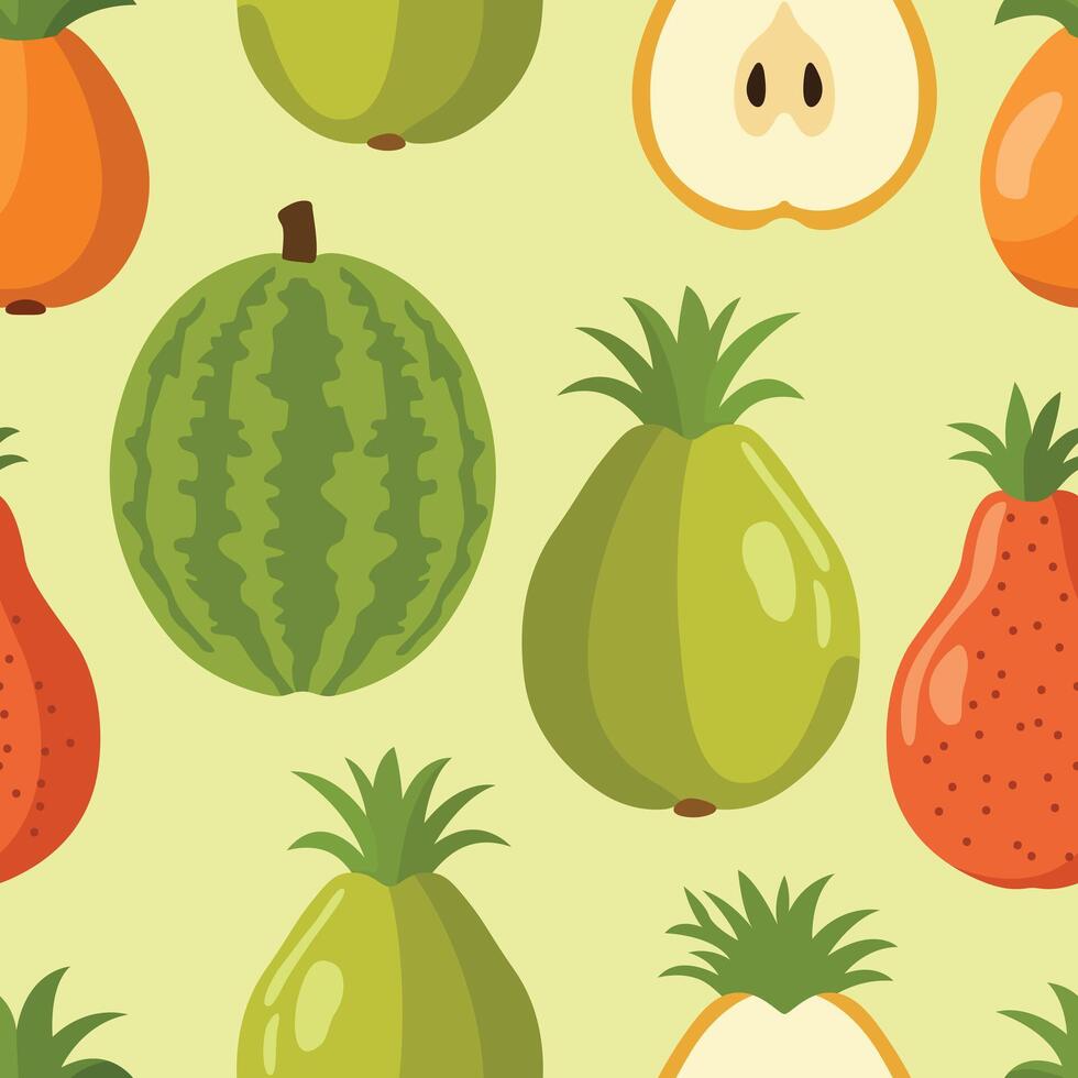 A vibrant pattern featuring various tropical fruits with stylized shapes on a light green background. Perfect for fresh, lively design projects vector
