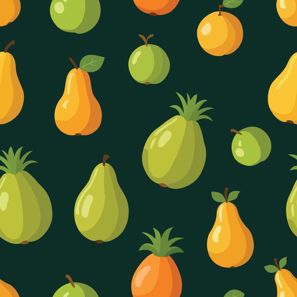 A vibrant pattern featuring various tropical fruits with stylized shapes on a light green background. Perfect for fresh, lively design projects vector