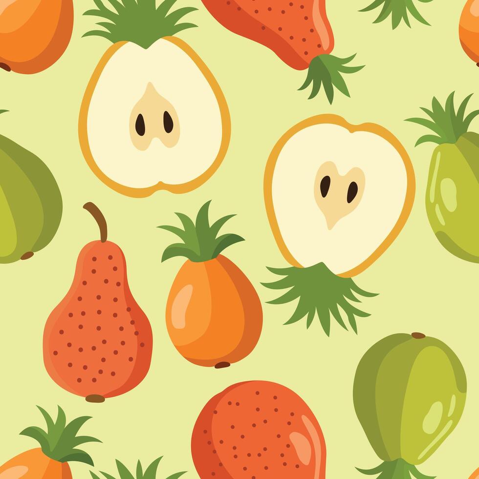A vibrant pattern featuring various tropical fruits with stylized shapes on a light green background. Perfect for fresh, lively design projects vector