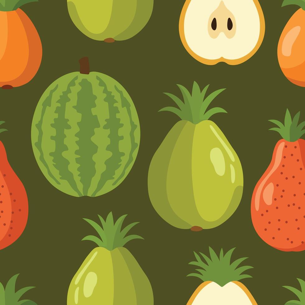 A vibrant pattern featuring various tropical fruits with stylized shapes on a light green background. Perfect for fresh, lively design projects vector