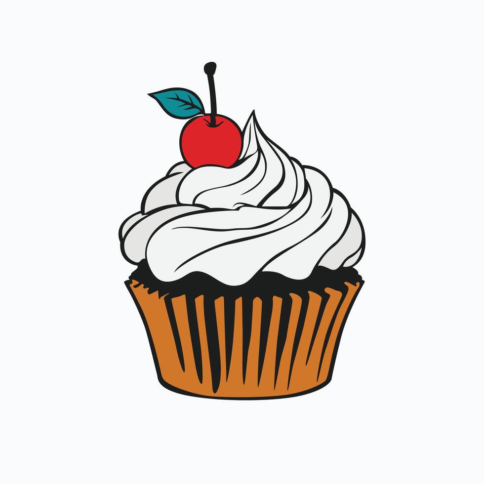 A cupcake with a white frosting swirl, a red cherry on top, and a black and white striped wrapper vector