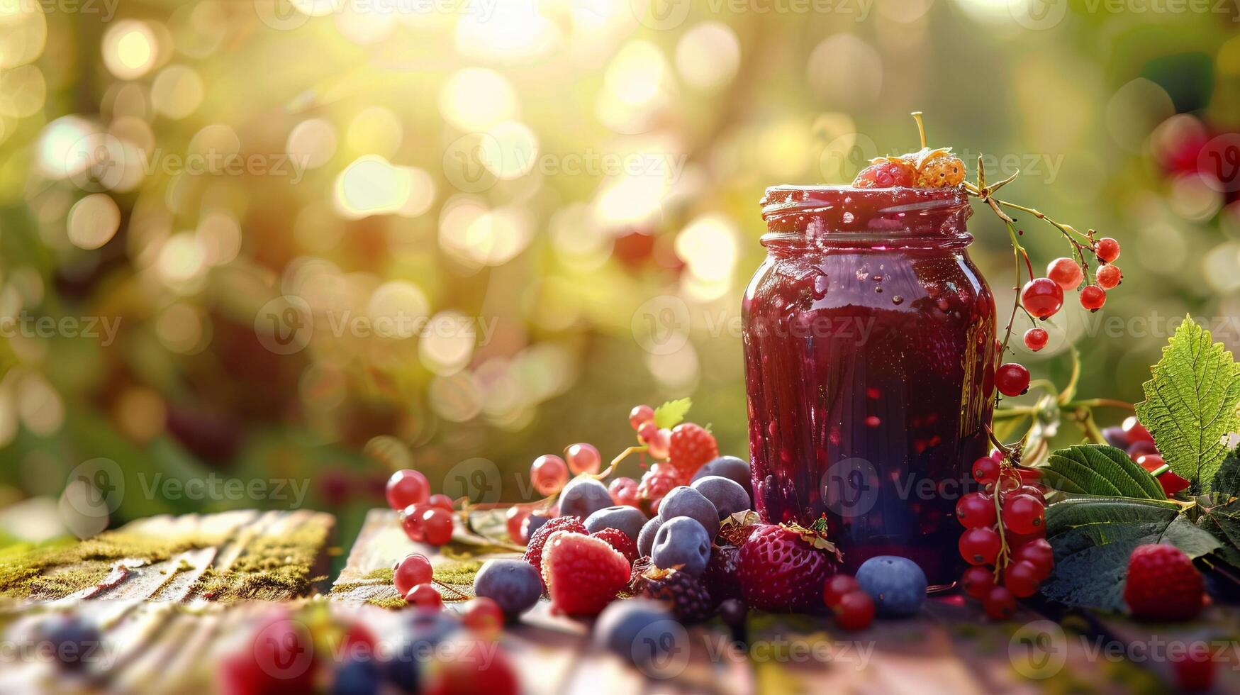 Jam jar with berries on a wooden table, background pasture concept design photo