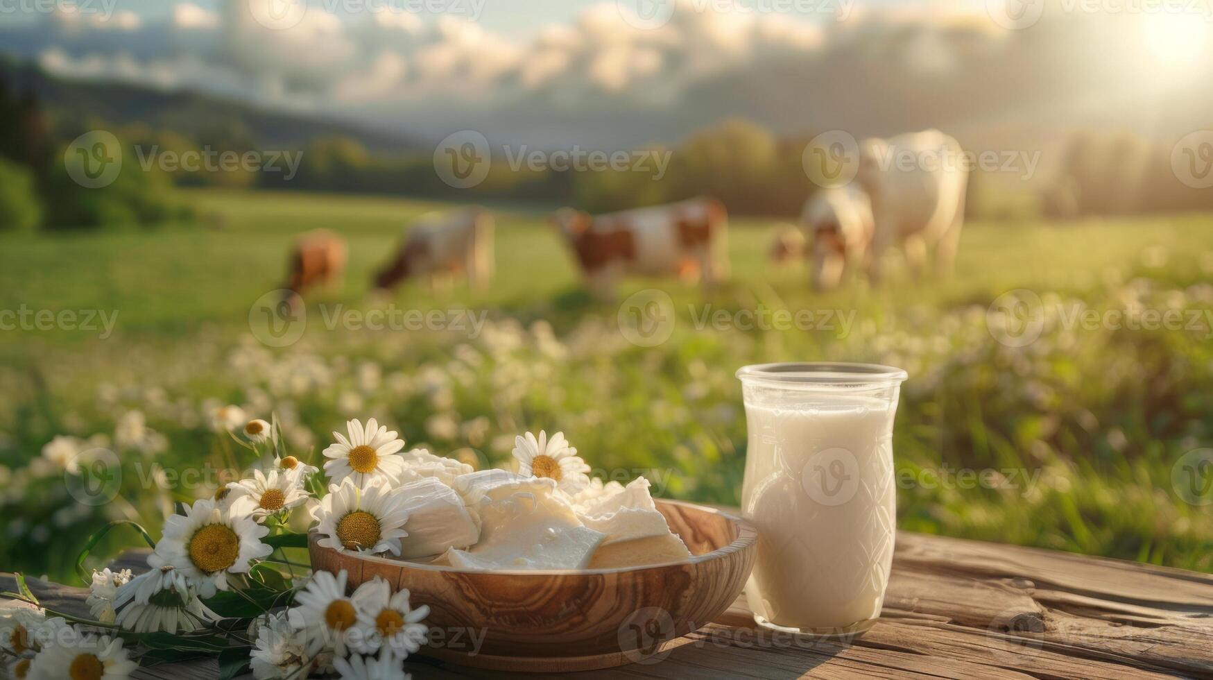 Fresh dairy products on a wooden table, background pasture and farm concept design photo