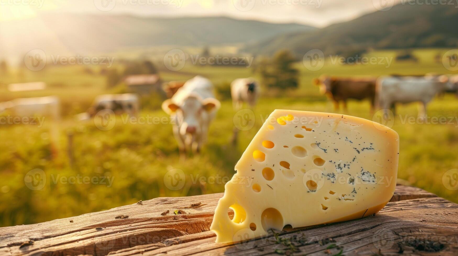 Fresh dairy products on a wooden table, background pasture and farm concept design photo
