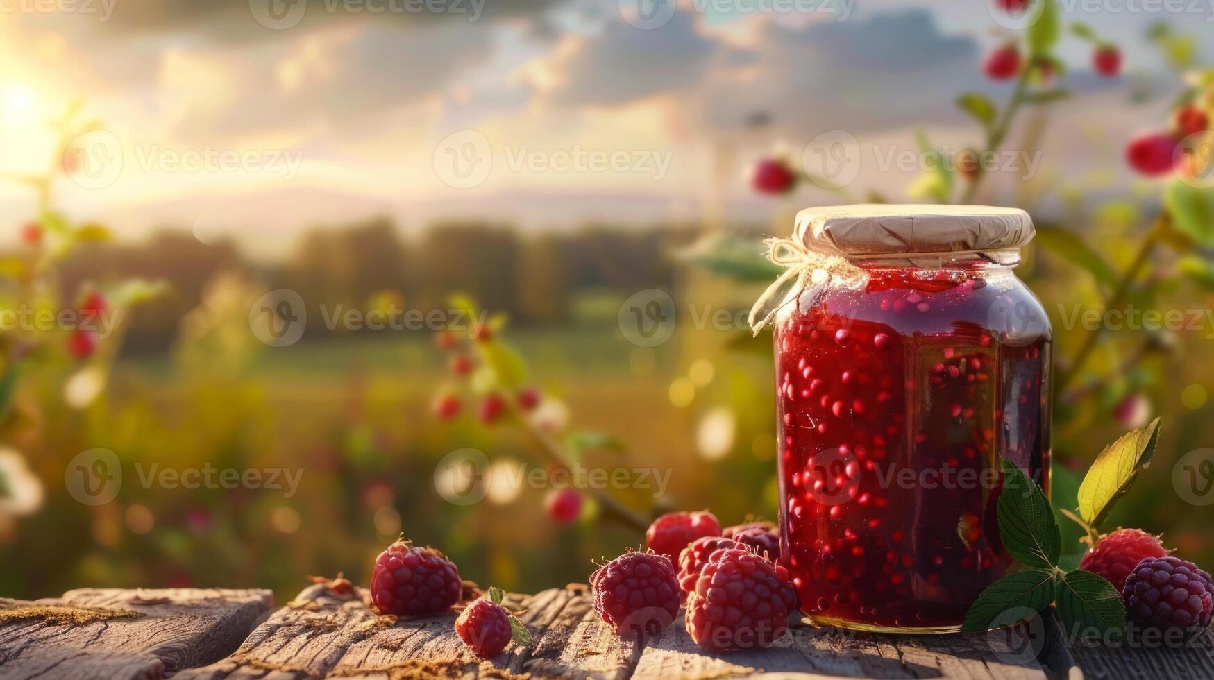 Jam jar with berries on a wooden table, background pasture concept design photo
