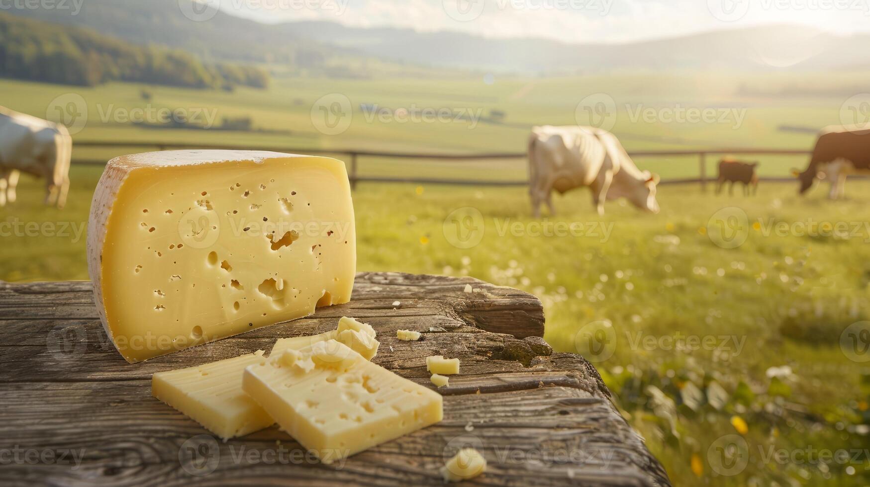 Fresh dairy products on a wooden table, background pasture and farm concept design photo