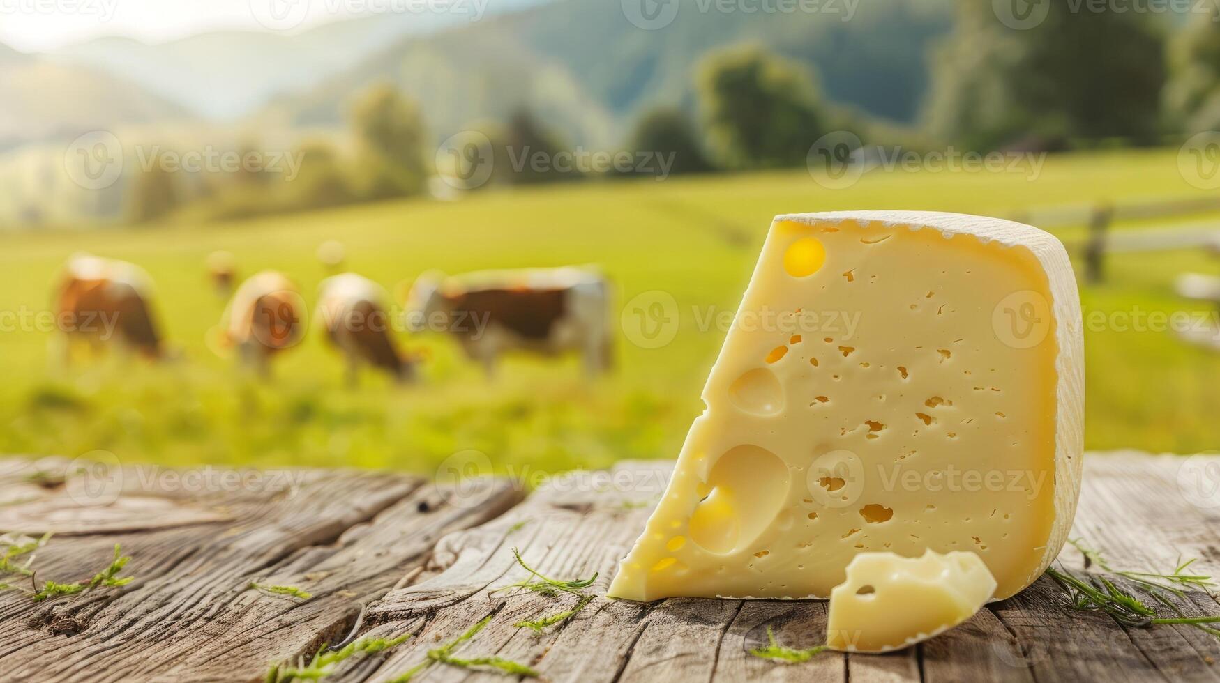 Fresh dairy products on a wooden table, background pasture and farm concept design photo