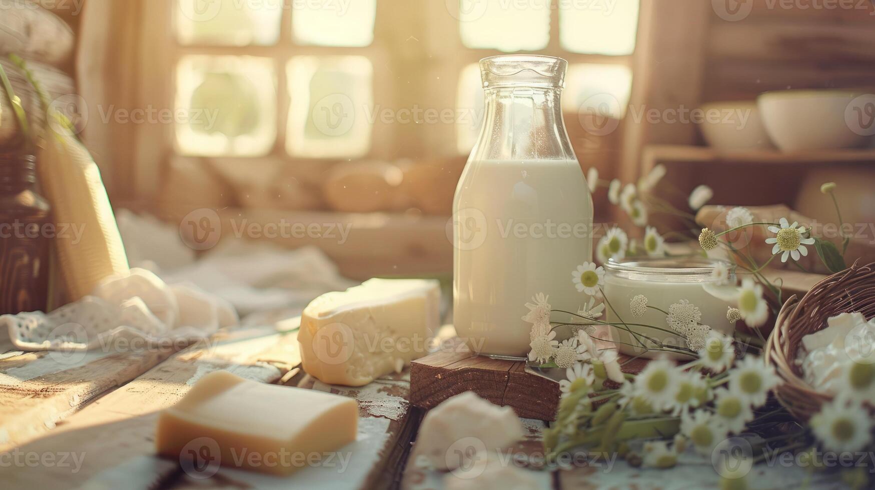 Fresh dairy products on a wooden table, background pasture and farm concept design photo