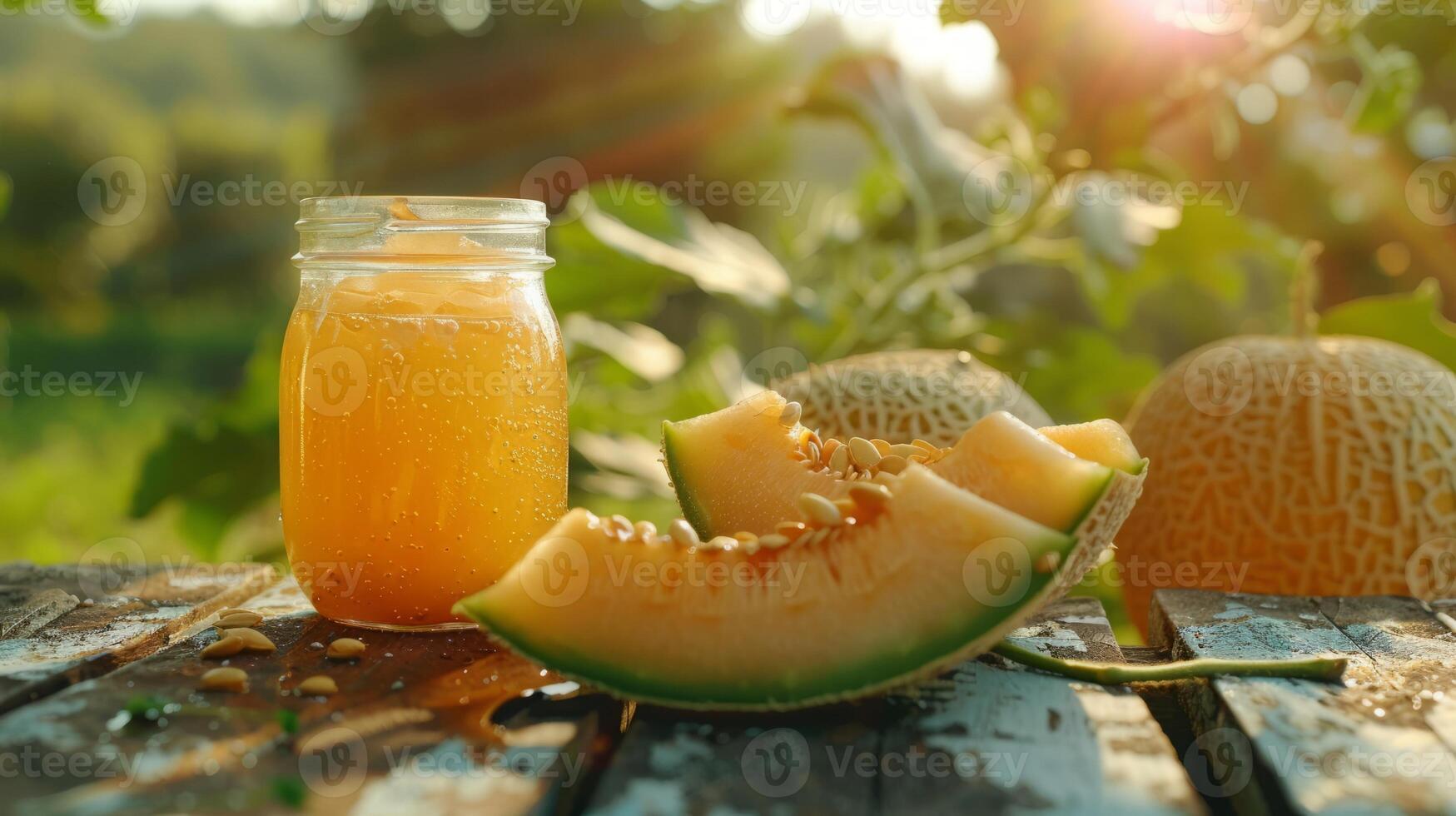 Jam jar with cantaloup slice alongside on a wooden table, background pasture concept design photo