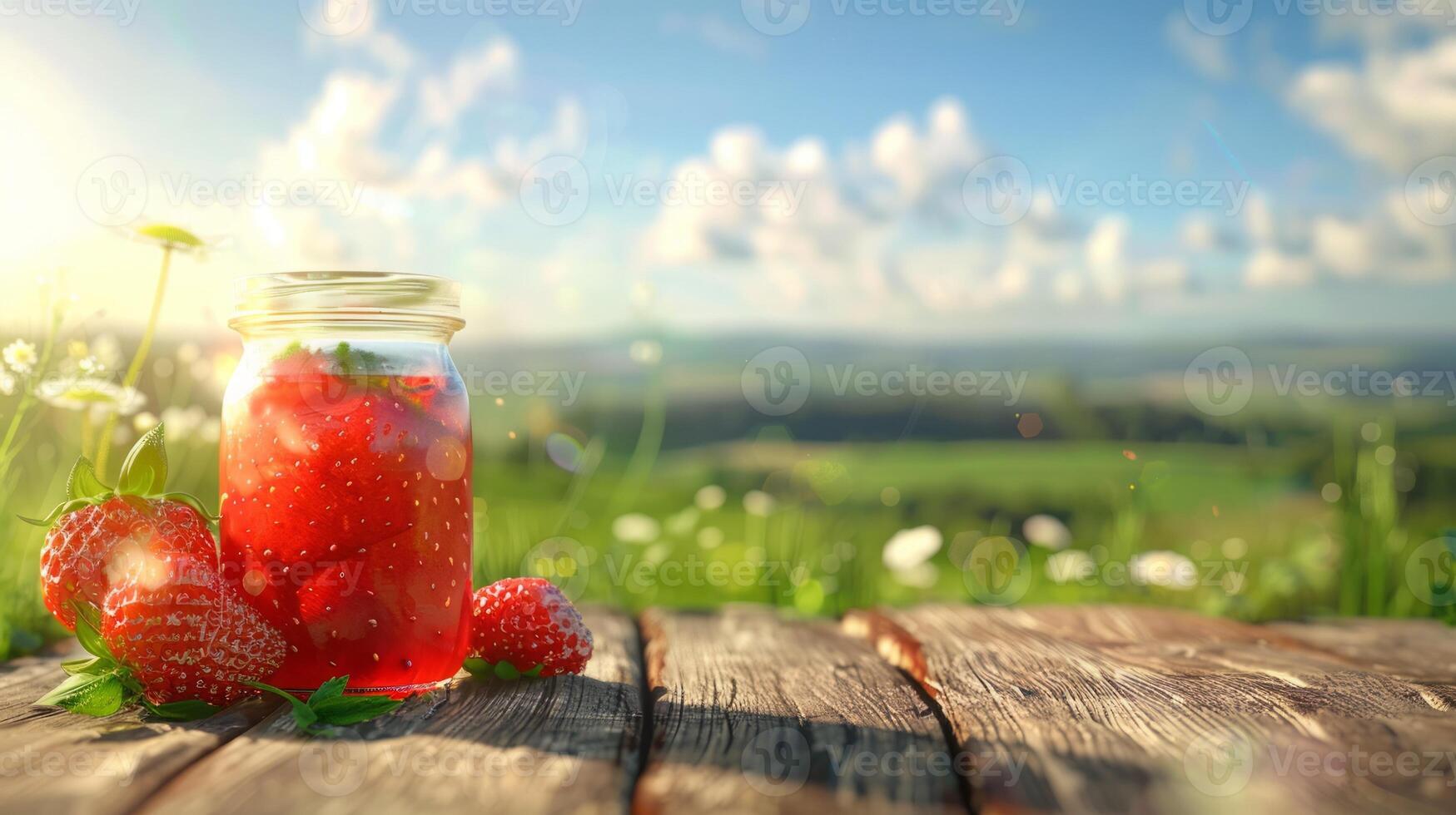 Jam jar with berries on a wooden table, background pasture concept design photo