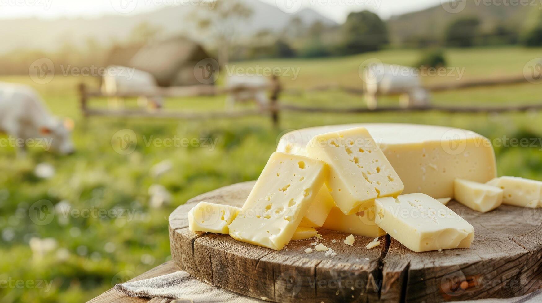 Fresh dairy products on a wooden table, background pasture and farm concept design photo