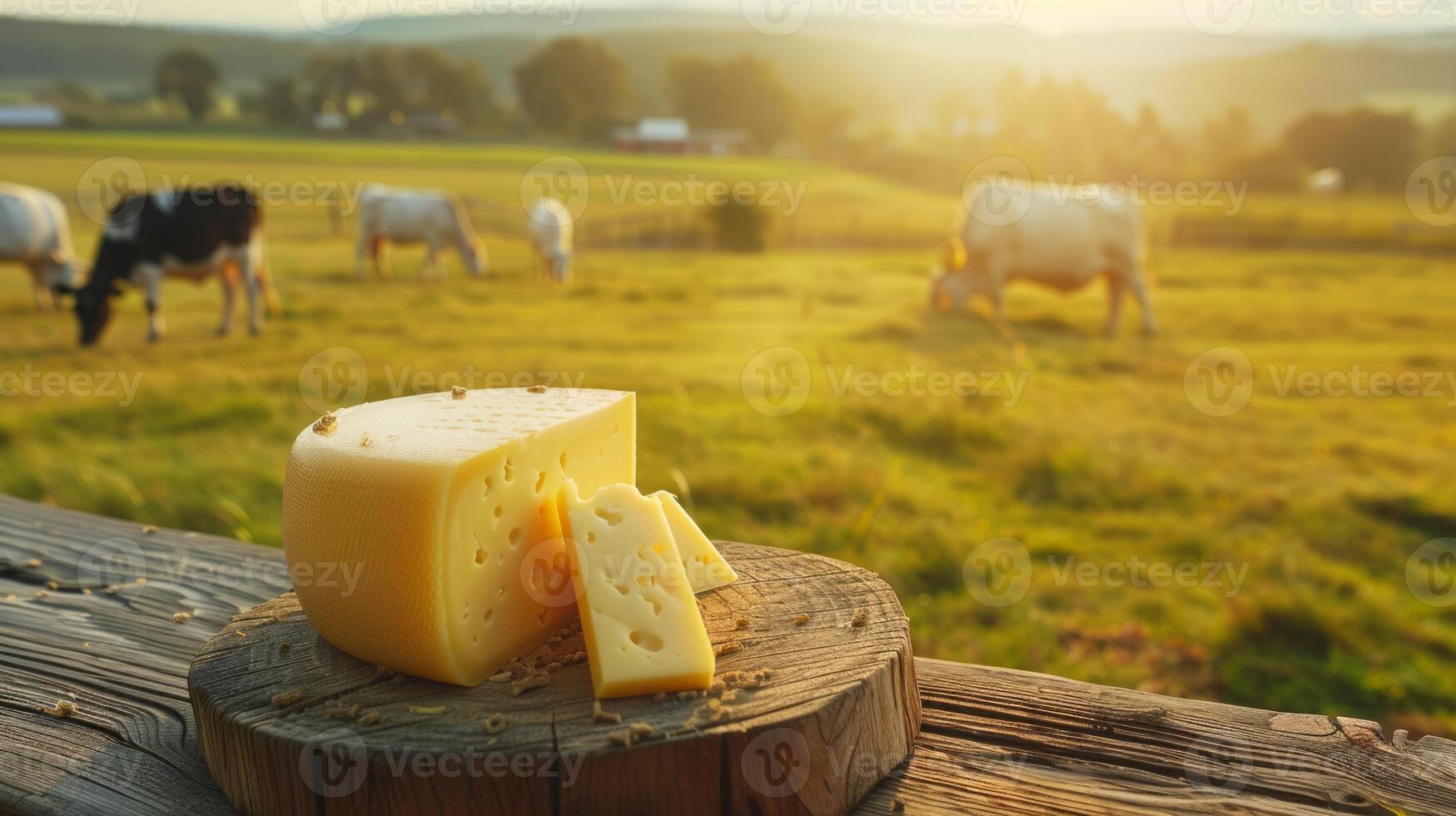 Fresh dairy products on a wooden table, background pasture and farm concept design photo