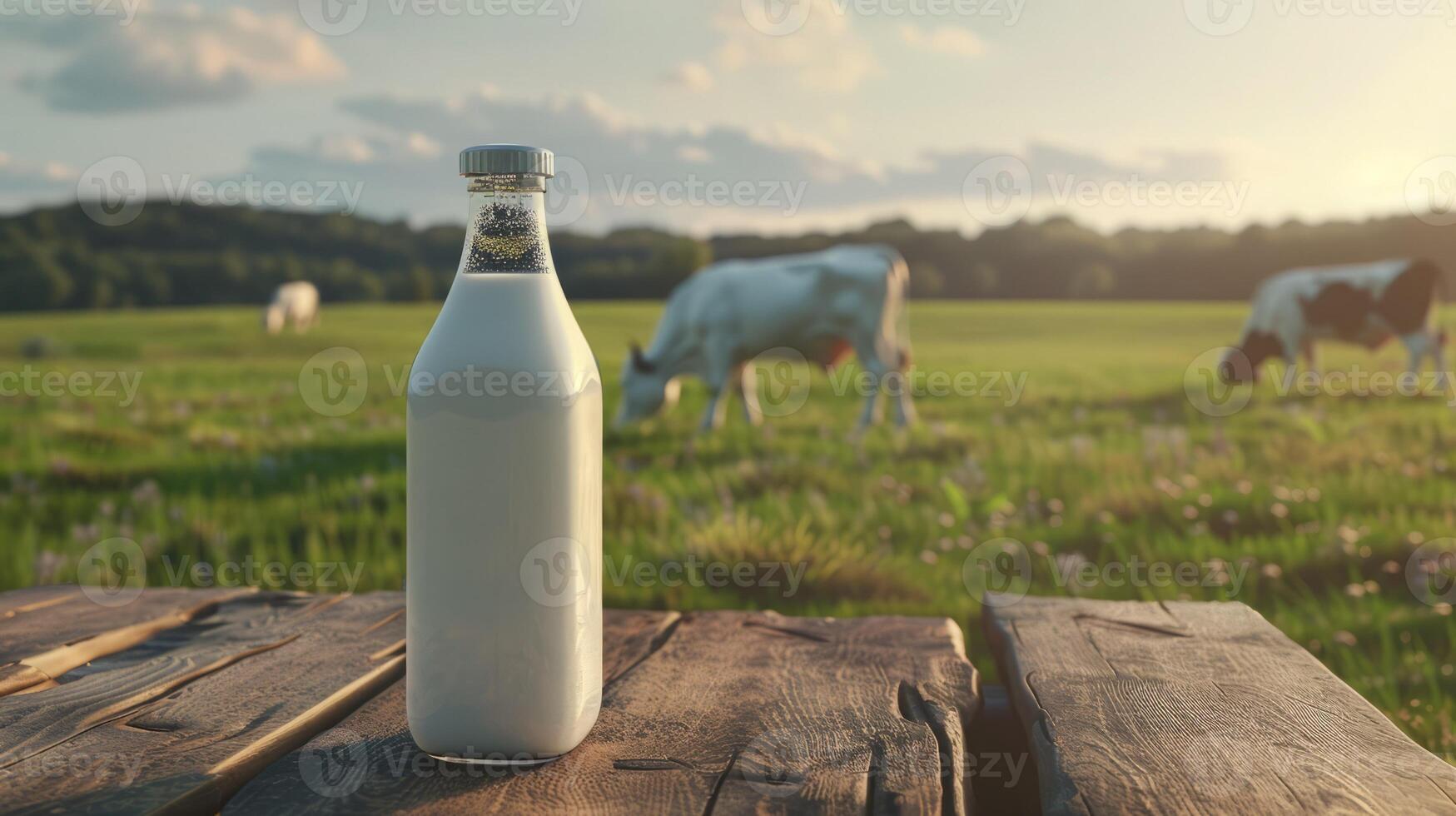Fresh dairy products on a wooden table, background pasture and farm concept design photo