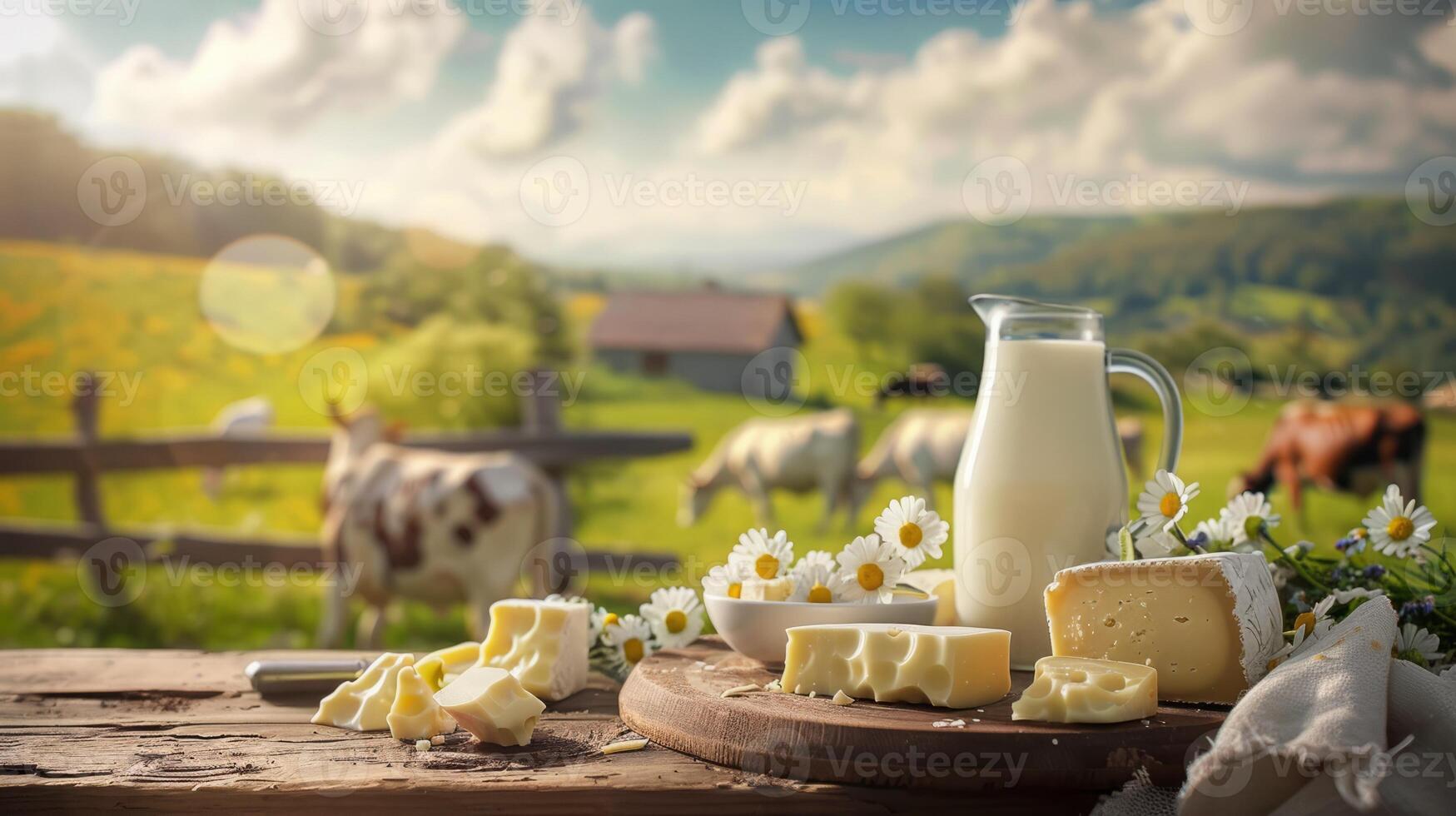 Fresh dairy products on a wooden table, background pasture and farm concept design photo