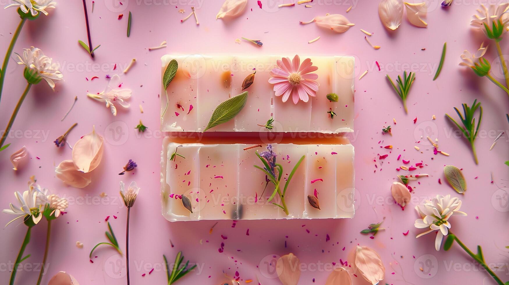 Homemade soap set with herbs, top view, pastel background photo