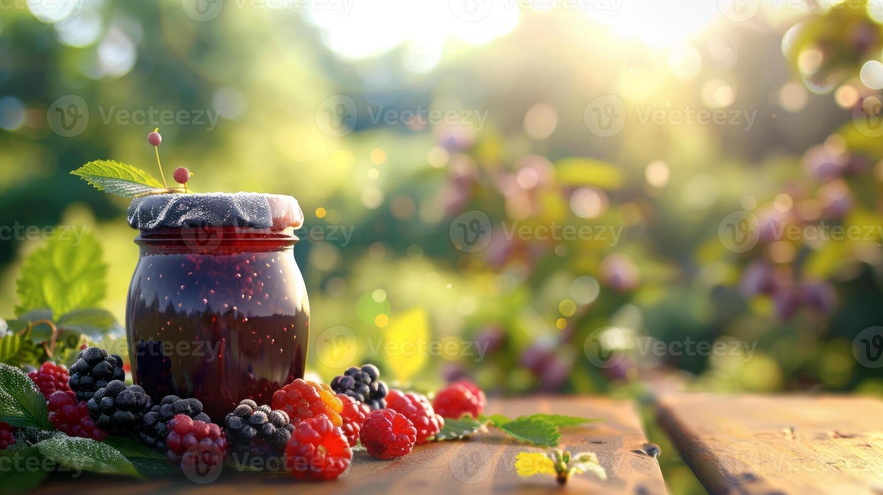 Jam jar with berries on a wooden table, background pasture concept design photo