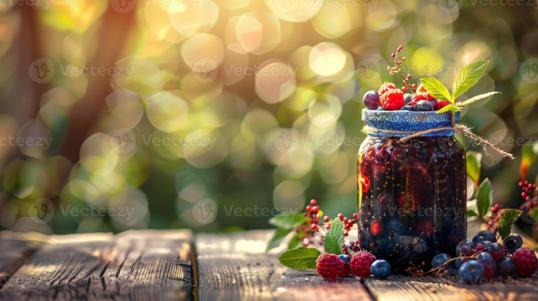 Jam jar with berries on a wooden table, background pasture concept design photo