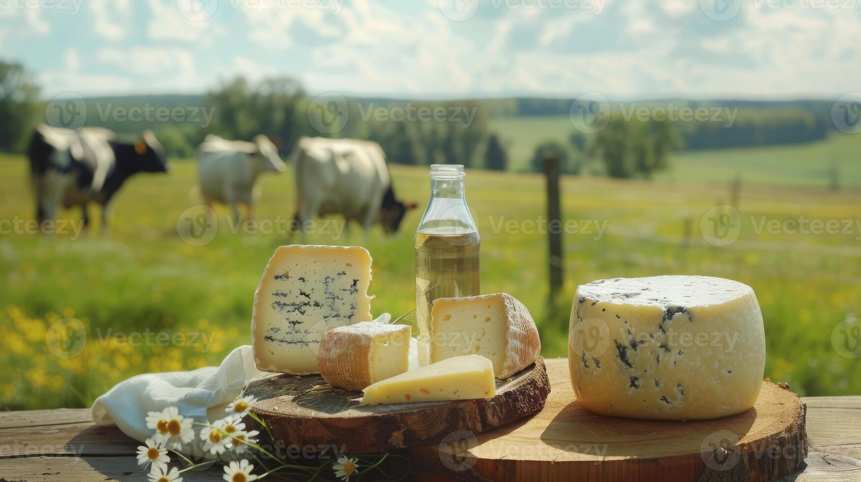 Fresh dairy products on a wooden table, background pasture and farm concept design photo