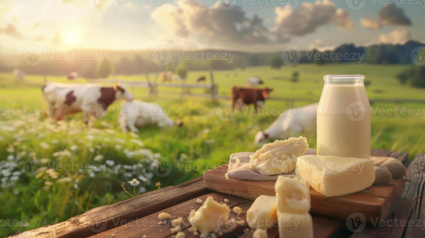 Fresh dairy products on a wooden table, background pasture and farm concept design photo
