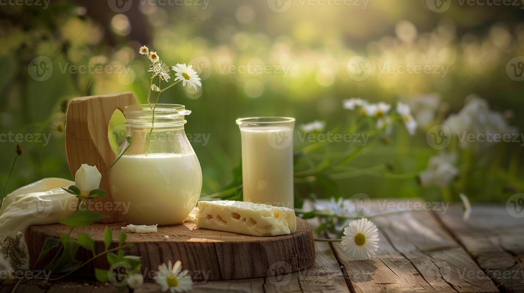 Fresh dairy products on a wooden table, background pasture and farm concept design photo