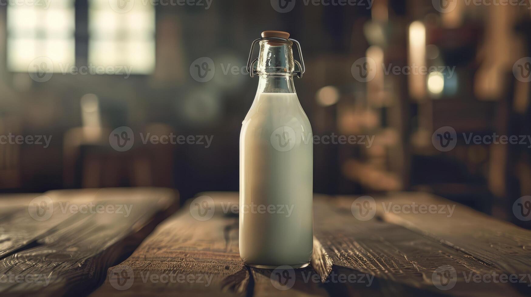 Fresh dairy products on a wooden table, background pasture and farm concept design photo