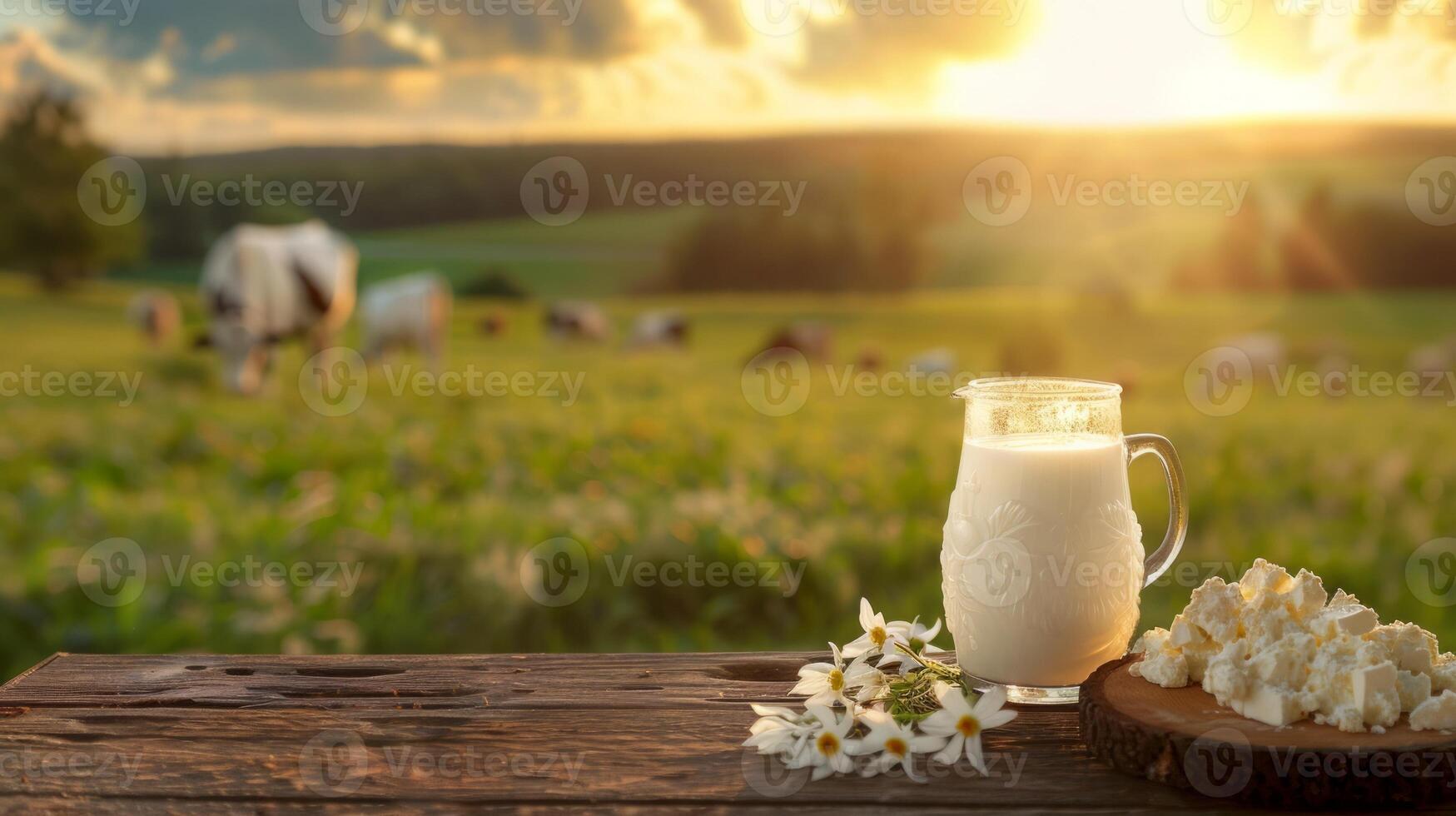 Fresh dairy products on a wooden table, background pasture and farm concept design photo