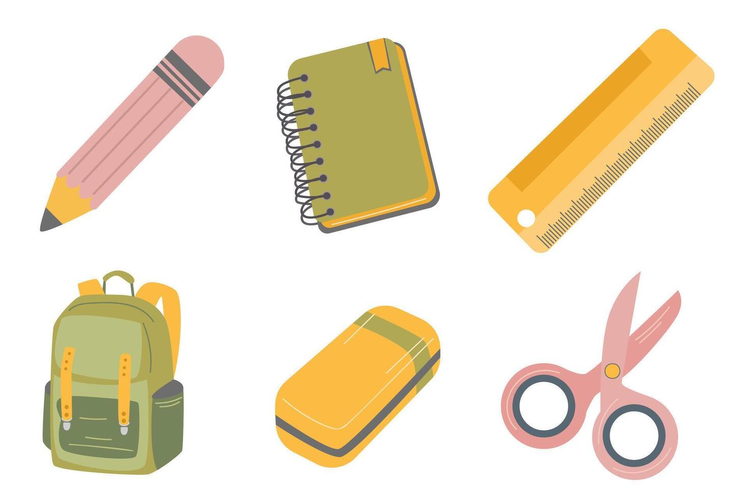 School supplies. pencil, notebook, ruler, eraser, backpack, scissors. vector