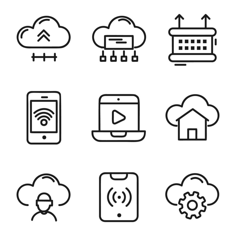 set of technological icons. Clear lines, bright accent colors. Clean white backgrounds. Concepts of 5G, AI, VR, IoT and cloud computing. vector
