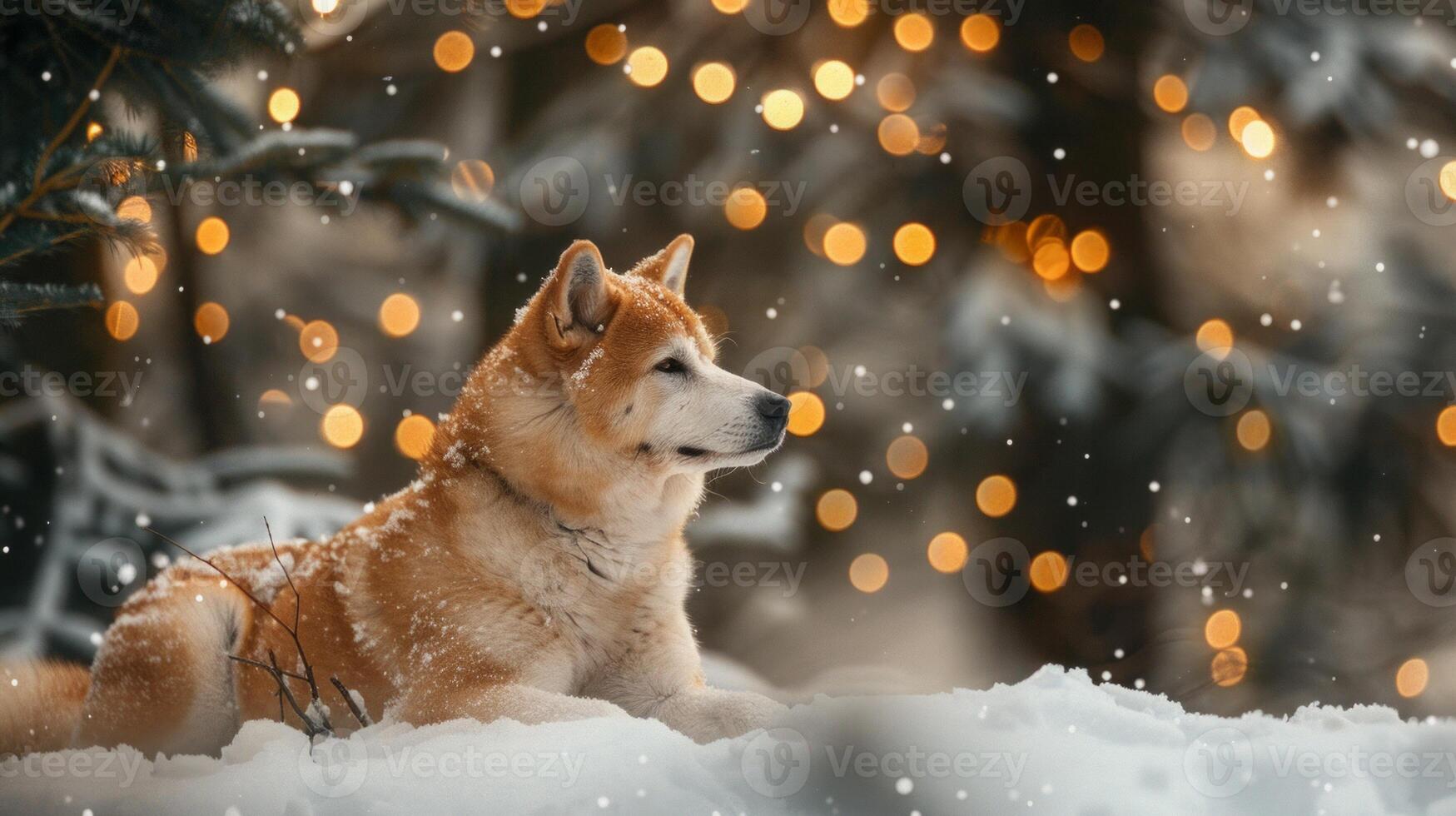Christmas dog portrait in the snow, winter landscape background photo