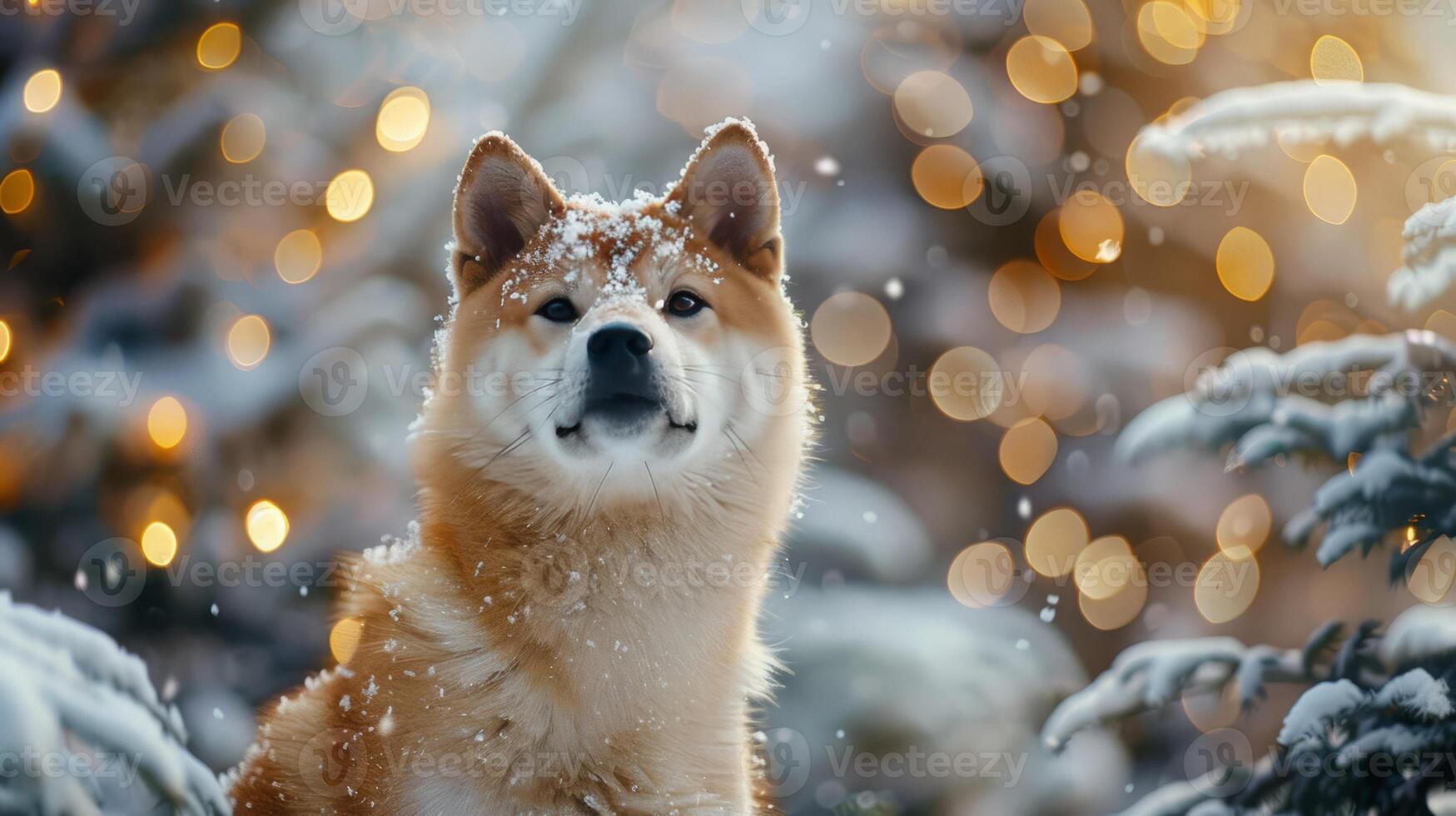 Christmas dog portrait in the snow, winter landscape background photo