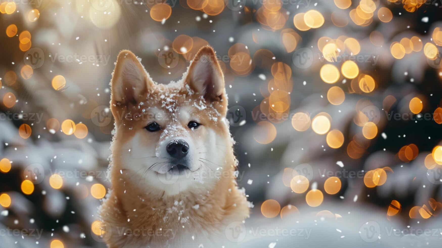 Christmas dog portrait in the snow, winter landscape background photo