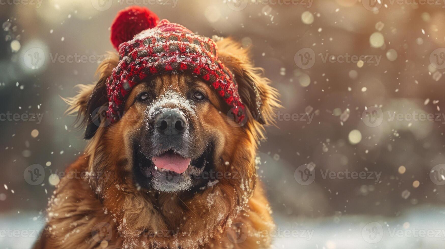 Christmas dog portrait in the snow, winter landscape background photo
