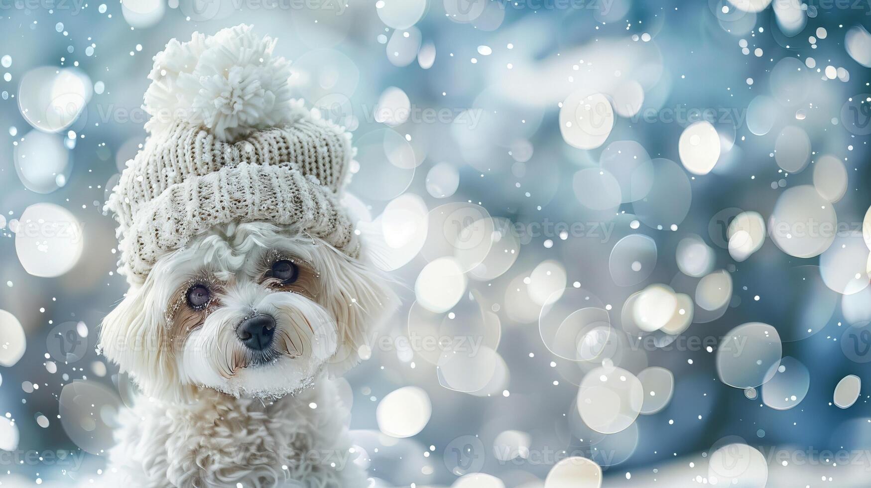 Christmas dog portrait in the snow, winter landscape background photo