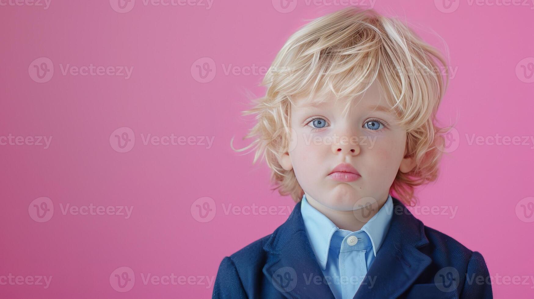 A little boy dressed in school uniform, blank pastel background photo