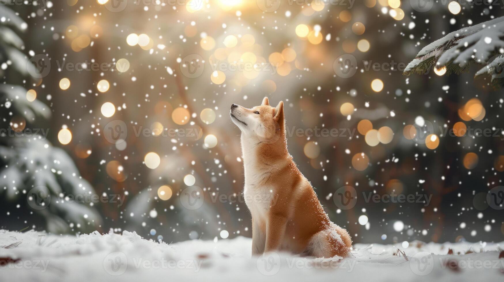 Christmas dog portrait in the snow, winter landscape background photo