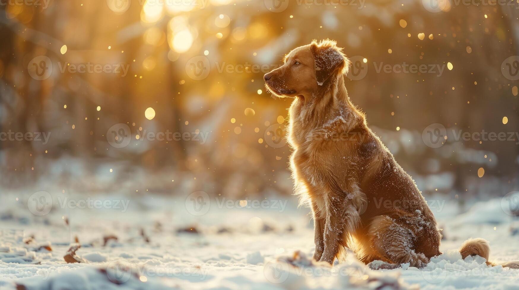 Christmas dog portrait in the snow, winter landscape background photo