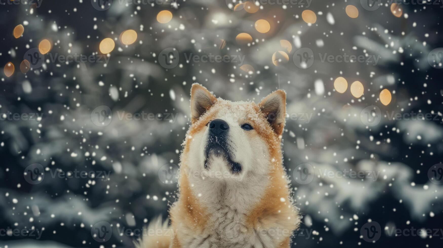 Christmas dog portrait in the snow, winter landscape background photo