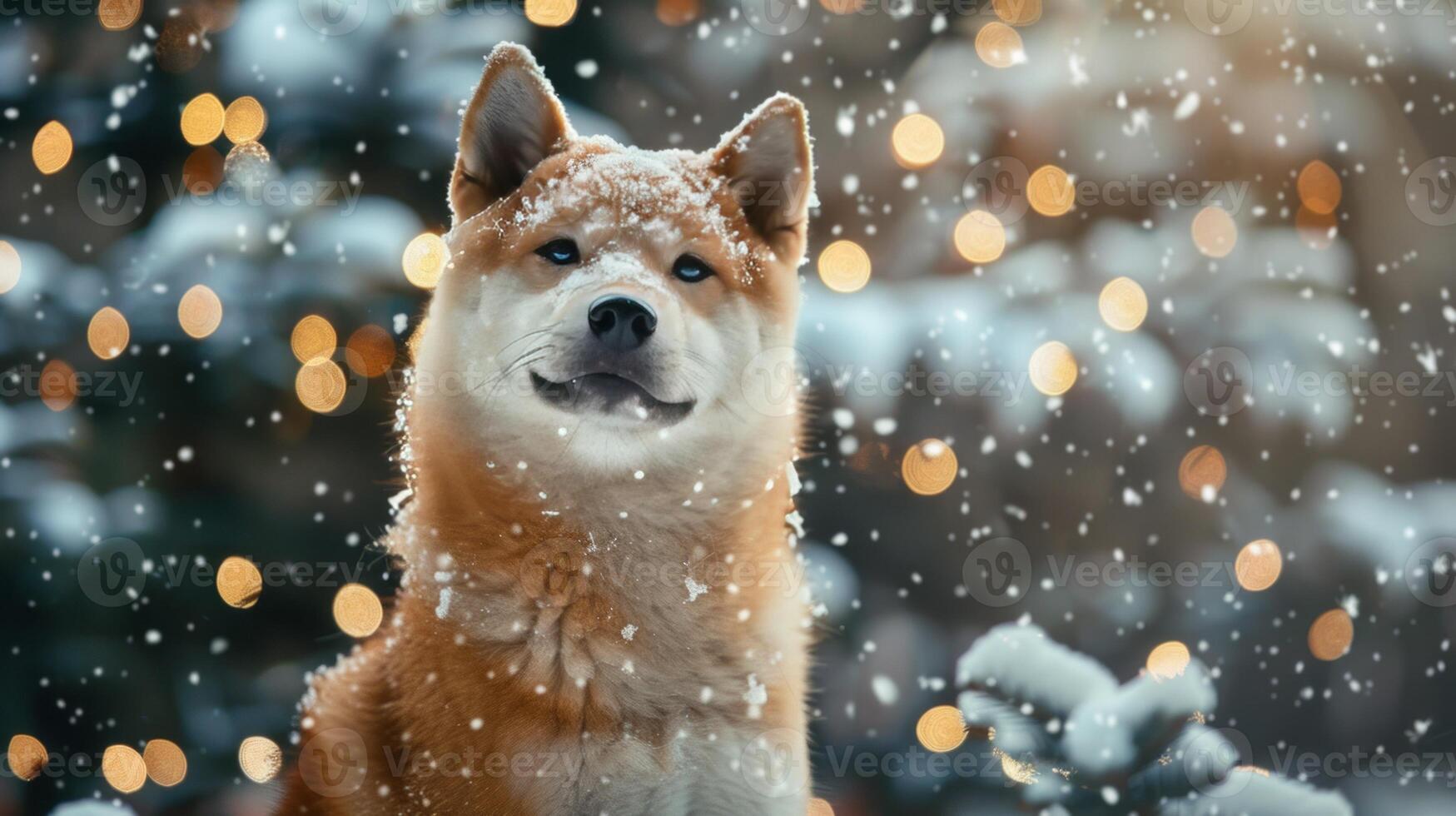 Christmas dog portrait in the snow, winter landscape background photo